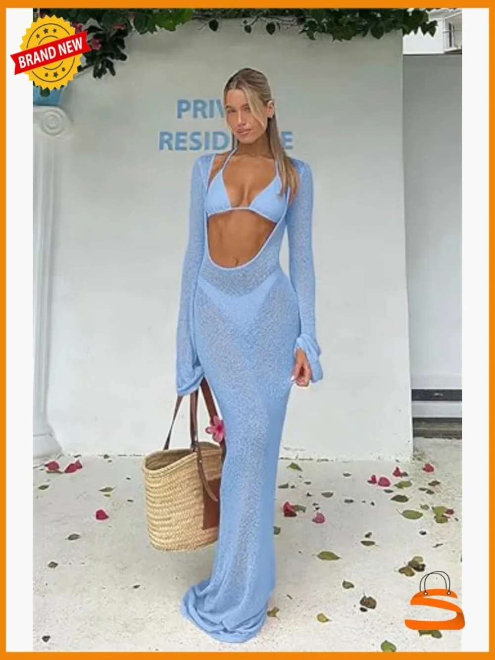 Women's 3-Piece Bikini Set with Sheer Mesh Cover Up Dress XS-XXL